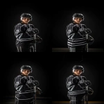 **Upper body portrait of a charismatic 14-year-old Canadian male ice hockey player, wearing a modern black and silver uniform with chrome accents and a bold NHL-style bear logo on the chest, black gloves, helmet with clear glass visor. Charismatic, confident, determined expression, youth NHL rookie energy, styled like an official NHL promotional poster. Ultra-realistic dramatic sports photography, cinematic studio lighting with bold contrast, HDR effect, sharp detail, intense focus. Captured with a Sony α7R IV camera, 85mm lens, f1.2 aperture --ar 2:3 --raw --v 6.1** - Zoom Out by <@1007029574430892245> (fast, stealth)