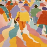 **A cute muslim woman (wears hijab) walking confidently against the crowd on a busy Shibuya-style pedestrian crossing, everyone else moving in the opposite direction. Illustration that portrays 'sense of courage and individuality'. minimalist stylish editorial chic, pastel flat colors, color blocking style mysterious elegant posture, pastel colourful tones, rough watercolor sketch, dreamy setting --sref <https://s.mj.run/6mQWYnkq1dA> <https://s.mj.run/1Mc9T3dUzCQ> --v 7.0 --ar 17:31** - Image #4 <@1101506216070479952>