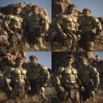 **Realistic 3d rendering. Full body portrait of two characters. ruggedly handsome, Hyper muscular handsome twin green skinned orcs, bright silver eyes, short curly redred hair, short pointed ears, defined muscles, pronounced features, hyper muscular, wide Grecian nose, strong square jaw, defined cheek bones, masculine features, freckles. Bodybuilder. wearing a tight short leather skirt. His oiled skin glistens under intense studio lighting. A strong camera flash highlights the shine on his muscles, creating bright reflections on his body, arms, and thighs. Retro fitness photography style, slightly exaggerated lighting contrast, 90s magazine aesthetic, center-framed, studio portrait shot. Standing and posing in a sunny rocky field. --ar 5:6 --v 7.0** - Variations (Strong) by <@1222981214734913607> (relaxed)
-# Create, explore, and organize on [midjourney.com](<https://midjourney.com/imagine?from_discord=1>)