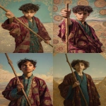 **photorealistic, klimt, A young enthusiastic Middle Eastern person standing holding a tall wooden wand or staff upright, expression of fresh excitement and inspired vision, eyes bright with utsaha enthusiasm and discovery, wearing simple burgundy and teal robes with minimal gold Klimt geometric patterns, young adult or teenager not a child, stance suggesting forward movement and exploration, background with open landscape or desert horizon suggesting new beginnings and possibilities, Byzantine gold mosaic patterns subtly in background, atmosphere of utsaha fiery enthusiasm and fresh magnetic center, sense of beginning student with untested but genuine inspiration, jewel tones of burgundy teal gold and warm earth tones, ornate baroque frame, mood of eager discovery and dynamic forward energy, pure enthusiasm before friction arrives, --ar 2:3 --raw** - <@1122608133139857530> (fast)