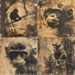 **A monkey-like creature without a mouth , divine light, monochrome, burnt sienna, damaged Anthotype print, scratched, dynamic movement --ar 3:4 --v 6.0 --s 250** - <@1089203343378878556> (fast)