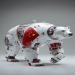 **a 3d rendered image of an industrial-style white Polar bear robots with a glass chest head and chinese flag colour scheme metallic metal, an ultra-detailed illustration in the style of Atey Ghailan and Jacek Yerka, ultra-high resolution, in a dynamic pose, 4k --ar 13:20** - Image #3 <@1087506013407695028>