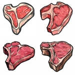 **top-down view of a T-bone steak, bold cartoon-style illustration with thick black outlines, flat colors only (red, pink, white, black), no background, simplified design ideal for rug making, minimal detail, clean vector-style look --v 6.0 --ar 1:1 --raw** - <@795458731428544552> (fast)