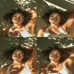 **portrait of a young mixed-race woman with curly hair, slightly dewy skin, soft freckles, natural lips, relaxed facial expression, ambient natural light casting shadows across her face, golden hour glow, shot from below at a close angle, wearing a minimal tank top, realistic skin texture, subtle pores, no makeup look, candid and intimate atmosphere, real human face proportions, 35mm lens look, high-detail photography --v 6.0 --ar 2:3 --no airbrushed skin, no artificial eyes, no smooth plastic texture --raw** - Zoom Out by <@693446385436983346> (fast)