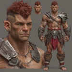 **Character design sheet. Realistic 3d rendering. Character design sheet of a ruggedly handsome, Hyper muscular handsome half orc, bodybuilder, bright silver eyes, short curly red Mohawk, short pointed ears, defined muscles, Huge leg muscles, huge pectoral muscles, big arm muscles, vascular hyper muscular, wide Grecian nose, strong square jaw, defined cheek bones, masculine features, freckles, Bodybuilder, short pointed ears, wearing Roman gladiator armor. --v 7.0** - Image #1 <@1222981214734913607>