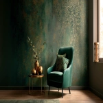 **Dark green and gold vintage wallpaper with a metallic sheen, intricate patterns, and a luxurious feel, set in a dark room. An elegant armchair and coffee table sit in front of the wall, with soft lighting casting gentle shadows on the textured surface. --ar 2:1** - Image #3 <@1313000520759377972>