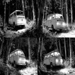 **black and white sketch Frank Miller style, a VW T2 parked in a forest at night, from behind, headlights off, no light . --ar 3:2** - Remix (Strong) by <@1079526535603699793> (fast)