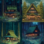 **cozy Japanese witch’s cottage in an enchanted forest, flat anime illustration style, inspired by Studio Ghibli and Makoto Shinkai, traditional Japanese wooden architecture with mossy roof, lanterns, herbal garden, surrounded by tall cedar trees and soft magical lights, peaceful and slightly mysterious atmosphere; kaleidochromic --v 7.0 --c 7 --ar 8:11** - <@1220222620444659733> (fast)