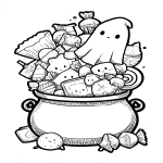 **kawaii mixture of Halloween candies spilling from a cauldron, ghost peeking out, thick lines, coloring page --ar 5:7** - Image #4 <@437878260013989888>
