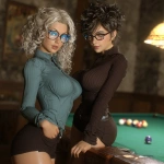 **realistic 50 year old long Curly haired blonde architect girl with blue glasses playing billiards with a 45 year old girl with short spiky brunette hair glasses and curvy hips** - Image #1 <@690727352149475348>