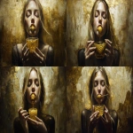 **exquisitely surreal and ominous painting by Taras Loboda + Annick Bouvattier + Yoann Lossel Of honey woman with yellow honeycomb tongue, in the style of oil paintings, intimate portraits , photo-realistic compositions, raw emotions, i can't believe how beautiful this is, gold, uncanny juxtapositions --chaos 30 --ar 7:4 --v 6.1 --s 888 --weird 333** - Variations (Strong) by <@1038536641180094535> (relaxed)