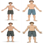 **a comic cartoon of a 19-year-old European teenage male, short brown hair, wearing swim shorts, barefoot, standing with arms down and arms open, looking directly at the camera, neutral pose and expression, no background, simple and minimal, --ar 9:16** - <@409716268476923920> (fast)