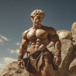 **Realistic 3d rendering. Full body portrait of ruggedly handsome, Hyper muscular handsome elf, bright silver eyes, short curly blonde hair, short pointed ears, defined muscles, pronounced features, hyper muscular, wide Grecian nose, strong square jaw, defined cheek bones, masculine features, freckles. Bodybuilder. wearing a tight short leather skirt. His oiled skin glistens under intense studio lighting. A strong camera flash highlights the shine on his muscles, creating bright reflections on his body, arms, and thighs. Retro fitness photography style, slightly exaggerated lighting contrast, 90s magazine aesthetic, center-framed, studio portrait shot. Standing and posing in a sunny rocky field. --ar 5:6 --v 7.0** - Image #3 <@1222981214734913607>