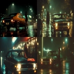 **a beautiful brunette woman getting into a 1970 Chevy nova. Exterior view. Night time. Glowing street lights. Reflections on the car and wet street. Cinematic widescreen shot. --ar 16:9** - <@777976082154520586> (fast)