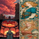 **Princess in castle with 🌈 🐲. Style of Moebius, Alphonse Mucha, and Maxfield Parrish. --c 45 --ar 1:2 --v 7.0 --s 750 --raw** - <@344228814332887040> (fast)