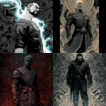 **comic book art / bold lines / full body portrait of a rugged masculine male obsidian knight / swirling luminous particles / bountiful lavish multilayered details / background depicts dark complex ornate kaleidoscopic patterns / full length view / eerie / grainy / gritty / haunting / macabre / menacing / moody / mysterious / ominous / paranormal / supernatural / uncanny** - <@1080572898269466724> (fast)