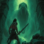 **conan the barbarian in an attack pose holding a greatsword ready to strike a massive evil snake with huge fangs in an ancient temple. Scener is dark and grim with eerie green lighting. Frank Frazetta style. --ar 16:9 --v 7.0** - Upscaled by <@185556629561933824> (fast)