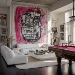**create an all white studio, white couch, white pool table with a massive art piece on the wall, hot pink, black and white, some crazy charcoal lines, bears basquiat, big face, luxurions** - Image #1 <@1240395747078307862>