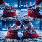 **Close-up scene on a snowy rooftop: Santa Claus’s white-gloved hands gripping and opening a massive red velvet sack. Inside the sack: multiple identical transparent acrylic trophies, heavy and solid, tightly packed, edges catching cold blue light, exactly matching the reference design. One single trophy lies outside the sack on the snow, clearly separate, partially buried under fresh snow, with visible frost, snow crystals, and cold surface condensation. The sack fabric is thick velvet, visibly worn, slightly wet from snow, with realistic folds and weight. Snow clings to the fabric fibers and gathers in creases. The ground shows disturbed snow: hand marks, fabric drag marks, uneven compression, small ice granules. The chimney base is visible nearby with soot-darkened bricks and slight burn residue. Background: blurred city lights at night, cold blue tones, falling snow. Lighting: high-end editorial macro lighting, soft diffused key light + practical ambient city glow, imperfect reflections, realistic shadow falloff, tactile physical realism. Material realism: micro abrasions on acrylic, fingerprints, refraction imperfections, subtle lens bloom. Photographed realism, premium commercial photography, not polished, not artificial. Shot on Canon R5, 100mm macro, f/2.8, ISO 640, 1/160s, shallow depth of field, natural film grain. --ar 4:5 --v 7.0 --raw --oref <https://s.mj.run/SB-W-zigDmg>** - Variations (Strong) by <@1239955832326586419> (relaxed)
-# Create, explore, and organize on [midjourney.com](<https://midjourney.com/imagine?from_discord=1>)