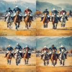 **side profile view of polo players on horseback in motion, mid-game on a wide open grassy field, horses and riders in full stride, wearing classic Ralph Lauren inspired attire white jodhpurs, navy or burgundy polo shirts, polo mallet in each of their right hands leather boots countryside backdrop, oil painting style, impressionist brush strokes, warm golden tones, soft natural light, with a vintage photo filter effect, aged film look, timeless luxury atmosphere closer up view --ar 2:3 --s 250** - Remix (Strong) by <@1114281369015689226> (fast)
-# Create, explore, and organize on [midjourney.com](<https://midjourney.com/imagine?from_discord=1>)