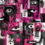 **create an abstract art piece hot pink black and white, with an eye in the middle, some crazy shapes, face abstract, some square and round shapes, showing half body, some basquiatt lines** - <@1240395747078307862> (fast)