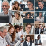 **a close-up of different adults (male, female) in the banking business (front and back office) working together with apprentices** - <@383765924953718785> (fast)