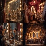 **Animated marionettes backstage before a big show, tangled strings, makeup mirrors, slapstick energy, soft fabric costumes, richly detailed Pixar-style environment --v 7.0 --ar 16:9 --raw** - <@1017562001381265439> (fast)