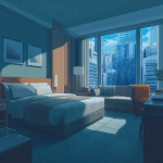 **Background, landscape image with an aspect ratio of 16:9, background for an ADV game, image of a hotel room in an urban area located between buildings** - Image #2 <@280276404451540994>