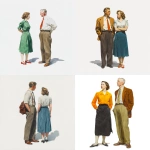 **Realistic painting by edward hopper, front view, full body of a two parents looking between one side and front , White background, PNG, cutou** - <@1239424274461229137> (fast)