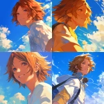 **A close-up portrait of Yosuke Hanamura from Persona 4, in a bright and cheerful summer atmosphere. under a warm sky filled with blue and white clouds. The lighting is golden and radiant, casting soft highlights on his face and hair. The background evokes a breezy summer day, enhancing the lighthearted and youthful vibe. Rendered in the style of Rella soft, clean lines, expressive features, and beautiful, luminous shading. Use warm tones throughout the composition, with a gentle glow and elegant color transitions. Focus on his gentle eyes and light brown hair moving slightly in the wind. Rella soft illustration style. --niji 6** - <@762679659153850410> (fast, stealth)