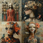 **A full-length picture of a woman with chess, mask multicolor, fish, bird, painting by Naoto Hattori, Didier Lourenço, Kelly McKernan and Hieronymus Bosch --quality 2 --stylize 750 --v 6.1** - <@1051616081585905745> (relaxed)