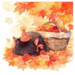 **a tiny chibi black cat wearing a birthday hat, peacefully sleeping in a pile of red and orange maple leaves, next to a basket full of strawberries, cozy and cute atmosphere, soft watercolor textures, children's book illustration style, warm autumn tones, gentle lighting, simple composition --niji 6** - Image #3 <@762679659153850410>