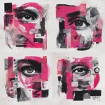 **create an abstract art piece hot pink black and white, with an eye in the middle, some crazy shapes, face abstract, some square and round shapes, half body inside of a all white studio** - Variations (Strong) by <@1240395747078307862> (fast)