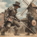 **Show me a steampunk Don Quixote set in Victorian London. He's a middle aged man in homemade armor augmented with steampunk facets he invented himself. He has a sword and shield and is facing off against a clever enchanter. There is a windmill in the distance. The fight is occurring in a Victorian workyard. Please show this using a photorealistic style** - Image #2 <@289174898964955136>