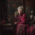 **Oil painting, moody lighting, prominent brush strokes, elderly grey haired Chinese woman dressed in a tattered and dirty red Qun Kwa wedding dress, Painting on wall, gazing into a dirty mirror in a dingy apartment, by Zhang Jingna, Zhang Xiaogang's style, melancholic atmosphere, tattered robot companion, laptop computer --ar 5:4 --v 7.0 --no star wars characters --chaos 3** - Image #3 <@988364629556199494>