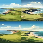 **an illustration poster style of Royal Portrush in Northern Ireland. The putting green is close up in the foreground with the golf flag on the green, the golf course and the sea is in the forgeound on a bright sunny day --v 5.2 --ar 2:3** - <@1172142007355977883> (fast)