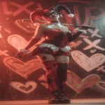 **Harley Quinn in her classic black and red jester outfit, standing under a glowing red spotlight, holding her bat over her shoulder, chaotic graffiti hearts and X’s on the wall behind her, playful but dangerous expression, cinematic red tones, space for lyrics --ar 9:16 --v 7.0** - Image #2 <@257221362568003584>