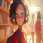 **a medium shot of two realistic illustrated happy 8-year-old students from America, they have a well-defined noses and well-defined jawlines, the first student is an African American female with light brown eyes and very short black hair, the second student is a dark African American female with light brown eyes and curly black hair, they stand with their head and neck and shoulders completely square to the camera and facing forward, their entire body is facing forward, they wear backpacks, they have large headphones on their head, they stand in a library, it is daytime, the sun is shining bright, high-definition, anime-style, --ar 16:9 --niji 6** - Image #2 <@1065025086664474674>