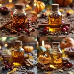 **A realistic amber glass jar of infused oil, surrounded by autumn harvest elements pumpkin seeds, cranberries, and cinnamon sticks. The jar sits on a rustic wooden table with golden autumn leaves scattered around. Warm, soft natural lighting creates a cozy November atmosphere, emphasizing gratitude and seasonal abundance. --v 6.0 --s 750** - <@1090630909448949831> (fast)