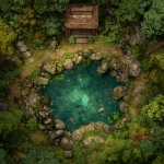 **a tabletop vtt battlemap. Gridless. a hidden japanese kami shrine in a forest. a pool with carp and lilypads. a small stone shrine. Foundry roll20 style vtt map** - Image #2 <@607670360539660330>