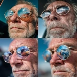 **Close-up of the reflection in round sunglasses worn by an older man. On his face is reflected an old car from the 1970s. He has grey hair and a stubble beard. It's a sunny day with a light blue sky. The image was shot with an iPhone 8. --ar 111:128 --s 250** - <@908623560245911562> (fast)