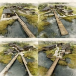 **Campus design from drone perspective of a technical high school along a marsh with boardwalks which access viewing platforms. Design the buildings in the style of lake flato architects** - Variations (Strong) by <@1182158818818400348> (fast)