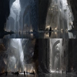 **colossal underground cathedral carved into obsidian cliffs, glowing mineral veins pulsing through the walls, vast flooded chambers reflecting inverted pillars, monolithic statues whispering in fractured stone, bio-architectural elements made of white coral and bone lattice, moonstone sarcophagi levitating mid-air with translucent veins of light, mist curling around floating ritual platforms, photorealistic light scattering, bioluminescent fauna drifting like stars beneath the surface, shadowed figures watching from broken balconies, fractured domes open to space above, ancient machinery embedded in crystalline roots, eerie silence pierced by distant metallic chanting, sharp crepuscular beams falling through tectonic cracks --v 7.0 --p 3yk8su5** - <@1077492926550134864> (fast)