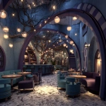 **the interior design of the fantasy interior café is inspired by tim burton's film the coraline. this 3d rendering depicts the whimsical and surreal atmosphere of the café, with its unique architectural elements and imaginative decor.** - Image #4 <@450898678975168513>