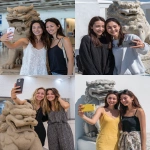 **two beautiful japanese women, holding an iphone with the logo of 'vr360' on it and taking selfies at chatan airport while smiling happily next to a shisa statue made from clay. the background is a white wall, creating a bright atmosphere. --ar 105:128 --v 7.0 --p uhaa3kn** - <@1259439584010309703> (fast, stealth)