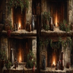 **Closup of a stone hearth from a 1760s colonial American home. There's a fire burning and green boughs with red berries are hung across the mantle. There is a pitcher of hot cider with 2 pewter mugs on the hearth. In the oil painting style of John Trumbull. --ar 11:3** - Variations (Strong) by <@1185631049716338699> (fast)
