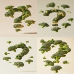 **a photograph of question mark completely covered in broccoli florets, floating in mid-air, tiny broccoli buds suspended around, soft diffused lighting, clean minimalist style, beige background --ar 9:16 --s 50 --v 6.1** - <@1199200245985316874> (fast)