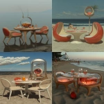 **A beachside dining setup with:: three chairs:: and a table set for an evening meal, overlooking the Baltic Sea in the summer, in soft pastel colors. The scene includes people strolling on the nearby sandy beaches, boats sailing along the water's edge to the horizon. A vase of flowers sits atop one of the chairs, adding to the romantic ambiance. In the style of digital art, flat illustration, detailed, vector, high resolution, masterpiece, soft lighting, minimalistic, plain polar vortex background --profile a19u9c9 h9i44vd npme5sa --v 6.1 --ar 2:3 --style raw --sref 3480130995::1 1254968620::1 1541236069::2 --s 1000 --c 5** - <@1104724558256279573> (fast)