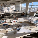 **Overhead view of design studio table with scattered sketches, material samples, lighting catalogs, pencils and markers, collaborative workspace, bright natural light, creative atmosphere --ar 1:2** - Image #2 <@794327127260266516>