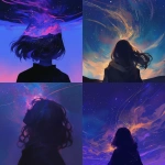 **a woman's head from behind in the dark looking up at the sky. The sky is beautiful and filled with stars and streaking details of color. --niji 6** - <@656961830371196938> (fast)